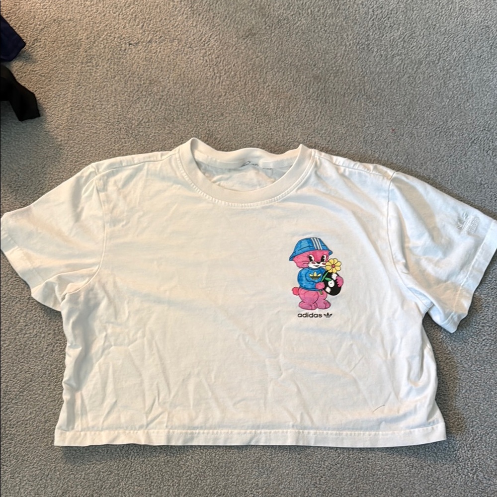 Adidas Kids White Tee with Colorful Bear Graphic crop T